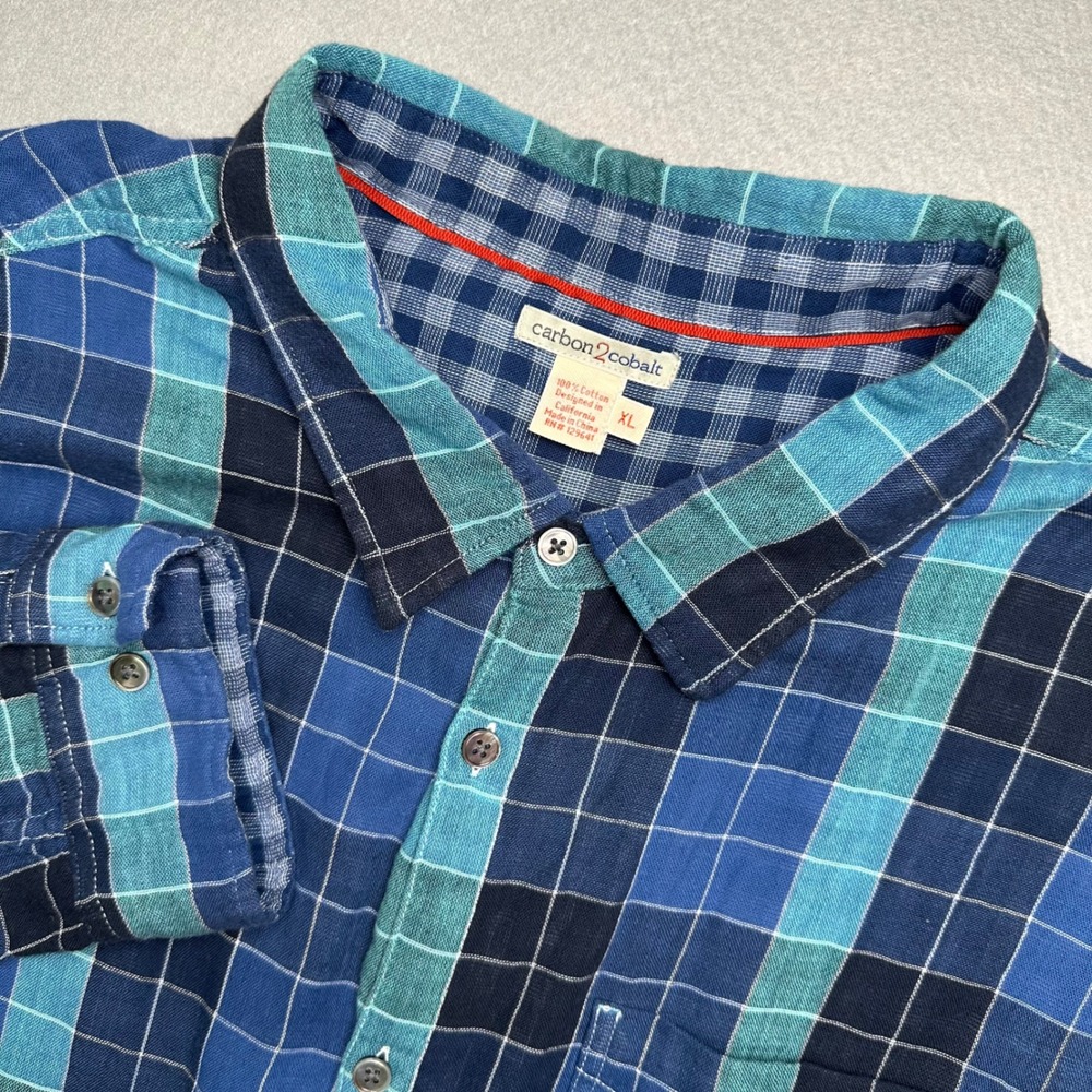 Carbon2Cobalt Shirt Mens XL Blue Teal Plaid Cotton Long Sleeve Button Up Pocket